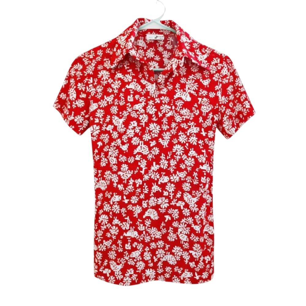 Vintage Sears Roebuck & Co/JR Bazaar Vibrant Red w/White Retro Print Men's Shirt